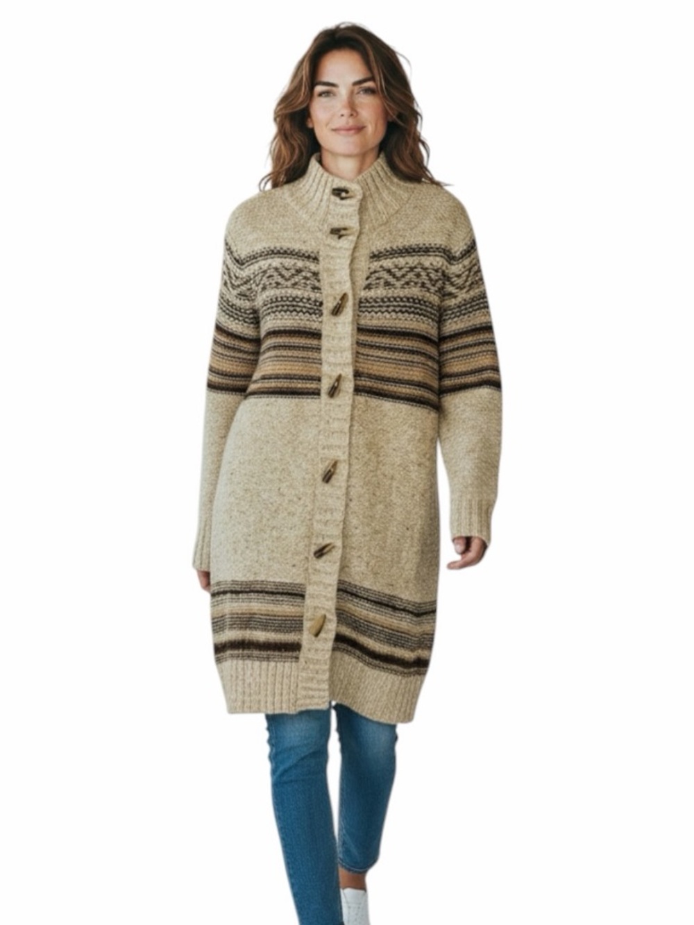 Dress Barn Fair Isle Cardigan Fall Autumn Earth Tones Wood Toggle Buttons SzL EC